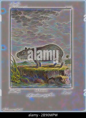 Hydrochoerus capibara, stampa, il capibara (Hydrochoerus hydrochaeris) è un mammifero originario del Sud America. È il più grande roditore vivente nel mondo. Chiamato anche chigüire, chigüiro (in Colombia e Venezuela) e carpincho, è un membro del genere Hydrochoerus, di cui il solo altro extant stati è la minore capibara (Hydrochoerus isthmius). I suoi parenti stretti includono cavie e rock cavies ed è più lontanamente correlato all'agouti, il chinchilla, e il coypu. Il capibara abita nelle savane e foreste fitte e vive vicino a corpi di acqua. Si tratta di un altamente sociale speci Foto Stock