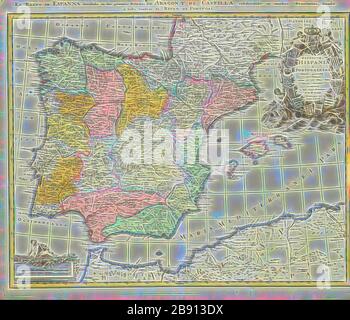 Mappa, Regnorum Hispaniae et Portugalliae tabula generalis, Johann Baptist Homann (1664-1724), Copperplate print, Reimagined by Gibon, design di calore allegro di luminosità e raggi di luce radianza. Arte classica reinventata con un tocco moderno. La fotografia ispirata al futurismo, che abbraccia l'energia dinamica della tecnologia moderna, del movimento, della velocità e rivoluziona la cultura. Foto Stock