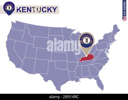 Stato del Kentucky sulla mappa degli Stati Uniti. Bandiera e mappa del Kentucky. STATI UNITI. Illustrazione Vettoriale