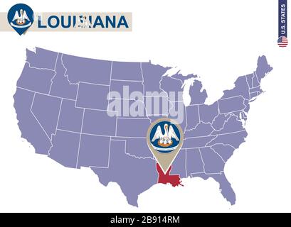 Stato della Louisiana sulla mappa degli Stati Uniti. Bandiera e mappa della Louisiana. STATI UNITI. Illustrazione Vettoriale