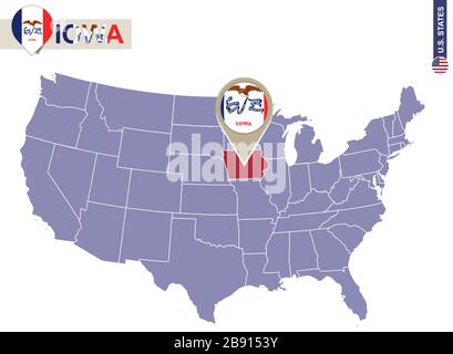 Iowa state sulla mappa degli Stati Uniti. Bandiera e mappa dell'Iowa. STATI UNITI. Illustrazione Vettoriale