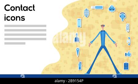 Business manager che lavora per le icone dei contatti con icone. Tutti gli oggetti, le ombre e lo sfondo sono in livelli diversi e i tipi di testo non sono necessari Illustrazione Vettoriale