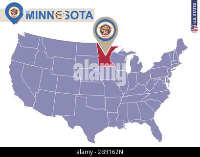 Stato del Minnesota sulla mappa degli Stati Uniti. Bandiera e mappa del Minnesota. STATI UNITI. Illustrazione Vettoriale