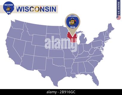 Stato del Wisconsin sulla mappa degli Stati Uniti. Bandiera e mappa del Wisconsin. STATI UNITI. Illustrazione Vettoriale