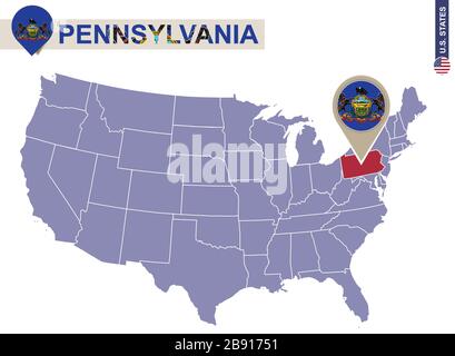 Stato della Pennsylvania sulla mappa degli Stati Uniti. Bandiera e mappa della Pennsylvania. STATI UNITI. Illustrazione Vettoriale