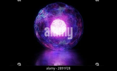 Rendering 3D di una sfera di energia e di plasma nel nucleo del reattore. Fusione termonucleare con flussi di plasma pulsante. Sfondo luminoso per presentatio Foto Stock