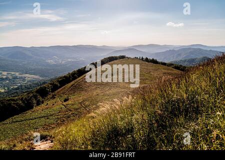 La strada dal Passo Mieczysław Orłowicz a Smerek nei Monti Bieszczady in Polonia Foto Stock