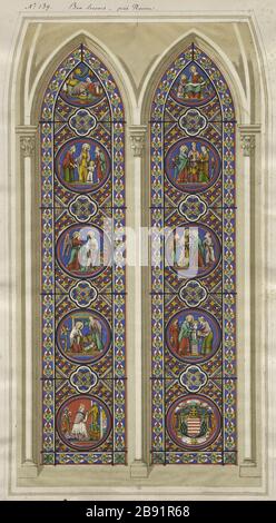 ALBUM No.1, VETRATA: SCENE DELLA VITA DELLA VERGINE, ARMS D'après l'atelier Gsell-Laurent. Fenêtre à vitraux : scènes de la vie de la Vierge, armoiries. Chromolitographie. Parigi, musée Carnavalet. Foto Stock