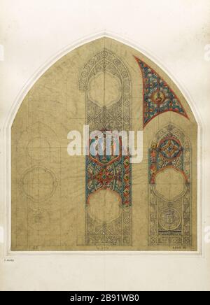 ALBUM N.: 2; STAINED GLASS PROJECT: ORNAMENTI, Crocifission Atelier Gsell-Laurent. Album n° 2 ; projet de vitrail : ornement, Crucifixion. Crayon, aquarelle, gouache. Parigi, musée Carnavalet. Foto Stock