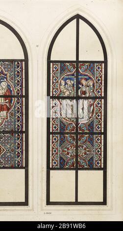 ALBUM N.: 2; PROGETTO PER VETRATE IN DER MONTIER: ORNAMENTI, SAINT THOMAS ATELIER GSELL-LAURENT. Album n° 2 ; projet de vitrail pour Montier-en-Der : ornement, Saint Thomas. Plume, lavis encrre de chine et aquarelle. Parigi, musée Carnavalet. Foto Stock