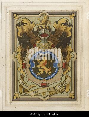 ALBUM N.: 2; DETTAGLIO DEL ROMPICAPO ARALDICO LION RAMPANTE; MOTTO: 'THE STRENGTH ATELIER GSELL-LAURENT. Album n° 2 ; détail de vitrail à Motif héraldique, leone rampant ; ideate : 'l'Union fait la force'. Chromolitographie. Parigi, musée Carnavalet. Foto Stock