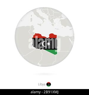 Mappa della Libia e bandiera nazionale in un cerchio. Mappa Libia contorno con bandiera. Illustrazione vettoriale. Illustrazione Vettoriale