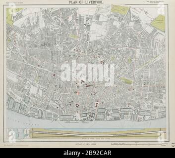 Mappa della città DI LIVERPOOL. Sezione tunnel Mersey. Ward Boundaries.LETTS 1884 Foto Stock