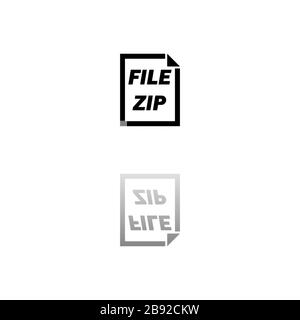 File ZIP. Simbolo nero su sfondo bianco. Illustrazione semplice. Icona vettore piatto. Specchia ombra di riflessione. Può essere utilizzato con logo, Web, dispositivi mobili e UI U. Illustrazione Vettoriale