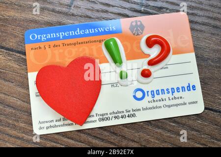 Carta d'identità per la donazione di organi con cuore, punto esclamativo e punto interrogativo, soluzione di approvazione con la donazione di organi, Organspendeausweis mit Herz, Foto Stock