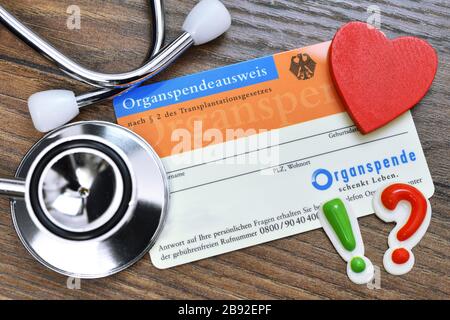 Carta d'identità per la donazione di organi con Stethoskop, cuore, punto esclamativo e punto interrogativo, soluzione di approvazione con la donazione di organi, Organspendeauswei Foto Stock