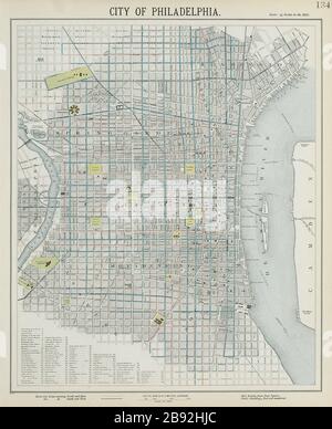 PHILADELPHIA antico piano mappa città. Linee di tram. LETTS 1884 vecchio Foto Stock