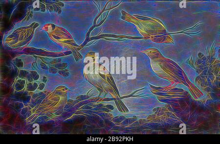 Uccelli nei rami di un albero, olio su legno di quercia, 30,5 x 49 cm, non specificato, Jan van Kessel d. Ä., Antwerpen 1626–1679 Antwerpen, Reimagined by Gibon, design di calore allegro di luminosità e raggi di luce radianza. Arte classica reinventata con un tocco moderno. La fotografia ispirata al futurismo, che abbraccia l'energia dinamica della tecnologia moderna, del movimento, della velocità e rivoluziona la cultura. Foto Stock