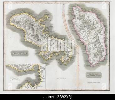 Dominica e 'artistico' (Martinica). Baia di Fort-de-France. THOMSON 1830 vecchia mappa Foto Stock