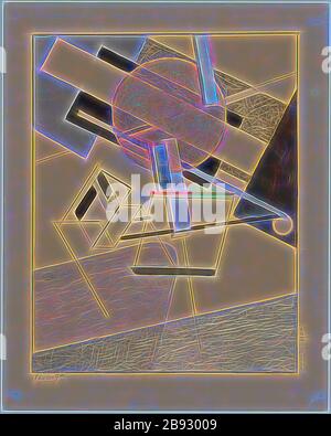 Proun 7A, collage, matita, penna con inchiostro indiano, bordo rettangolare a riga singola, immagine: 18 x 14,1 cm |, foglia: 21,8 x 17,4 cm, U. l., marcata a matita: PROUN 7A, r., incisa sul bordo dell'immagine: MUCKBA N 7A, El Lissitzky, Pochinok/Smolensk 1890–1941 Moskau, Reimagined by Gibon, design di calore allegro di luminosità e raggi di luce radianza. Arte classica reinventata con un tocco moderno. La fotografia ispirata al futurismo, che abbraccia l'energia dinamica della tecnologia moderna, del movimento, della velocità e rivoluziona la cultura. Foto Stock
