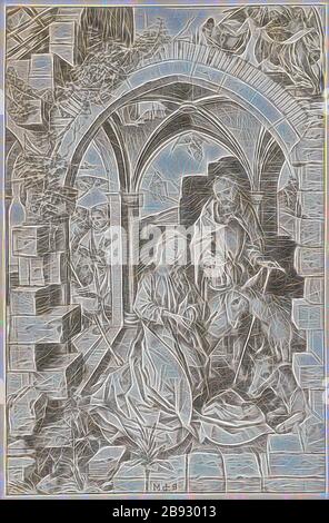 La Grande Natività, coprisalato, foglio: 26 x 16,9 cm, monogramma firmato: M S, Martin Schongauer, Colmar um 1445–1491 Colmar, Reimagined by Gibon, design di calore allegro di luminosità e raggi di luce radianza. Arte classica reinventata con un tocco moderno. La fotografia ispirata al futurismo, che abbraccia l'energia dinamica della tecnologia moderna, del movimento, della velocità e rivoluziona la cultura. Foto Stock