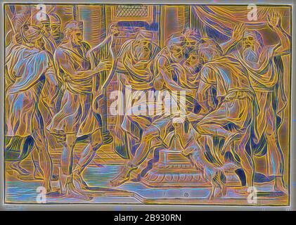 David suonando l'arpa di fronte a Saul, 1555, Clair-obscur woodcut di quattro piatti (beige chiaro, beige scuro, verde e nero), montato, foglio: 33,8 x 48,2 cm (massa maggiore), U. r., designato e datato: SAVL I., REG., CA., XVI, FRACISCVS., FLORIS INVE [N] GATE., IVDOCE DE RCVBAT: 1555., Frans Floris de Vriendt I., inventore, Anversa 1519/20-1570 Antwerpen, Josodus de Curia, Herausgeber, tätig zweite Hälfte 16. JH., Reimagined by Gibon, design di calore allegro di luminosità e raggi di luce radianza. Arte classica reinventata con un tocco moderno. Fotografia ispirata al futurismo, e. Foto Stock