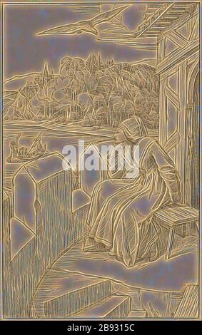 Al Cronaca di Brentano di un allievo in viaggio, penna in nero su matita, Borderline, montato, foglio: 31,3 x 19,4 cm |, immagine: 30,1 x 18,7 cm, U. r., monogramma con penna in nero accanto ad una tavola di legno: Es [divorato], Edward Jakob von Steinle, Wien 1810–1886 Francoforte, Reimagined by Gibon, disegno di calore allegro di luminosità e raggi di luce radianza. Arte classica reinventata con un tocco moderno. La fotografia ispirata al futurismo, che abbraccia l'energia dinamica della tecnologia moderna, del movimento, della velocità e rivoluziona la cultura. Foto Stock