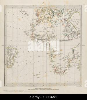 AFRICA Brasile Atlantico proiezione gnomonica Montagne di Kong SDUK 1844 vecchia mappa Foto Stock