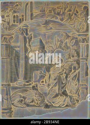 Taglio a fette con gli autobus del hl., Hieronymus, nelle scene superiori della vita del santo, piuma in nero e marrone chiaro, grigio lavato, laminato, foglio: 42,7 x 31,8 cm, 32,4 cm, non firmato, Anonym, Schweiz, 1. Hälfte 16. JH., Balthasar Han, (?), Basilea 1505–1578 Basilea, Reimagined by Gibon, design di calore allegro di luminosità e raggi di luce radianza. Arte classica reinventata con un tocco moderno. La fotografia ispirata al futurismo, che abbraccia l'energia dinamica della tecnologia moderna, del movimento, della velocità e rivoluziona la cultura. Foto Stock