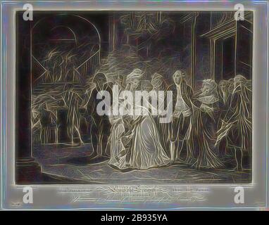 Luigi Schiavonetti, italiano, 1765-1810, dopo Charles Benazeck, inglese, 1767-1794, la separazione di Luigi XVI dalla sua famiglia, tra il 1792 e il 1793, incisione stampata in inchiostro nero su carta di vove, immagine: 44,8 × × 60,6 cm, Reimagined by Gibon, design di luce calda e allegra di luminosità e di radianza di raggi luminosi. Arte classica reinventata con un tocco moderno. La fotografia ispirata al futurismo, che abbraccia l'energia dinamica della tecnologia moderna, del movimento, della velocità e rivoluziona la cultura. Foto Stock