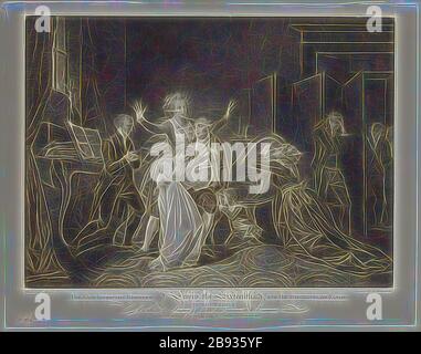 Luigi Schiavonetti, italiano, 1765-1810, dopo Charles Benazeck, inglese, 1767-1794, ultima intervista tra Luigi XVI e la sua Famiglia, ca. 1794, incisione stampata in inchiostro nero su carta wove, immagine: 44,8 × 60,6 cm × 23 7/8 pollici, reimmaginata da Gibon, disegno di un caldo e allegro bagliore di luminosità e raggi di luce radianza. Arte classica reinventata con un tocco moderno. La fotografia ispirata al futurismo, che abbraccia l'energia dinamica della tecnologia moderna, del movimento, della velocità e rivoluziona la cultura. Foto Stock