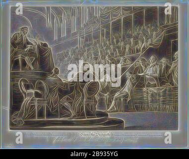 Luigi Schiavonetti, italiano, 1765-1810, Luigi XVI in occasione della Convenzione Nazionale, ca. 1796, incisione stampata in inchiostro nero su carta wove, immagine: 17 7/8 × 24 1/8 pollici (45,4 × 61,3 cm), reimmaginata da Gibon, disegno di calda luce allegra di luminosità e raggi di luce radianza. Arte classica reinventata con un tocco moderno. La fotografia ispirata al futurismo, che abbraccia l'energia dinamica della tecnologia moderna, del movimento, della velocità e rivoluziona la cultura. Foto Stock