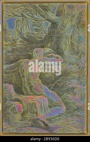 Antonio da Trento, Italiano, 1508-1550, dopo il Parmigianino, Italiano, 1503-1540, uomo seduto visto da dietro, 16th secolo, taglio legno chiaroscuro stampato in inchiostro blu e nero su carta, immagine e foglio: 27,9 × × 17,8 cm, Reimagined by Gibon, design di luce calda e luminosa. Arte classica reinventata con un tocco moderno. La fotografia ispirata al futurismo, che abbraccia l'energia dinamica della tecnologia moderna, del movimento, della velocità e rivoluziona la cultura. Foto Stock