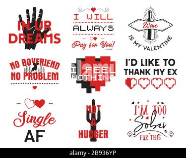 Divertente Valentines giorno tipografia loghi emblemi set. Stampe natalizie per magliette, poster, cartoline e adesivi. Progetti vettoriali in stock isolati su bianco Illustrazione Vettoriale