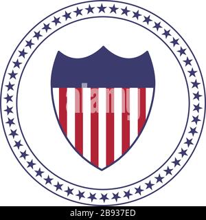 50 stelle americane in cerchio con scudo nazionale americano. Illustrazione vettoriale in stock isolata su sfondo bianco. Illustrazione Vettoriale