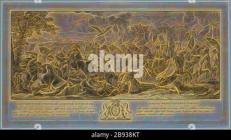 Sébastien le Clerc, francese, 1637-1714, dopo Charles le Brun, francese, 1619-1690, la battaglia di Arabella quando Alessandro guadagna la sottomissione dei Persiani e, tra il 1637 e il 1714, incisione stampata in inchiostro nero su carta posata, piatto: 5 3/4 × 11 1/8 pollici (14,6 × 28,3 cm), Reimagined by Gibon, design di calore allegro di luminosità e raggi di luce radianza. Arte classica reinventata con un tocco moderno. La fotografia ispirata al futurismo, che abbraccia l'energia dinamica della tecnologia moderna, del movimento, della velocità e rivoluziona la cultura. Foto Stock