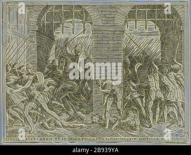 Giovanni Battista Fontana, italiano, 1524-1587, i Romani entrando nella Città dei Crumeri, 1573, incisione e incisione stampata in inchiostro nero su carta posata, foglio: 5 3/8 × 7 pollici (13,7 × 17,8 cm), reimmaginata da Gibon, disegno di calda luce allegra e luminosa radianza raggi. Arte classica reinventata con un tocco moderno. La fotografia ispirata al futurismo, che abbraccia l'energia dinamica della tecnologia moderna, del movimento, della velocità e rivoluziona la cultura. Foto Stock