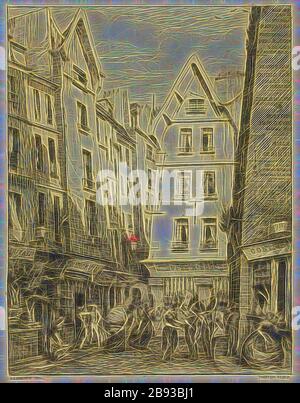 Charles Meryon, francese, 1821-1868, la Rue Pirouette aux Halles, 1860, incisione stampata in inchiostro nero su carta posata, piastra: 6 × 4 1/2 pollici (15,2 × 11,4 cm), Reimagined by Gibon, design di calore allegro di luminosità e raggi di luce radianza. Arte classica reinventata con un tocco moderno. La fotografia ispirata al futurismo, che abbraccia l'energia dinamica della tecnologia moderna, del movimento, della velocità e rivoluziona la cultura. Foto Stock