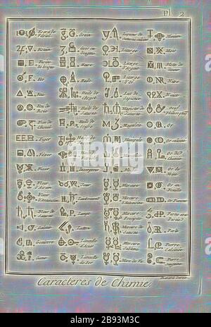 Chimie 2 caratteri, firmato: Benard direx, Pl., Benard (dir.), 1778, Denis Diderot, M. d'Alembert: Encyclopédie, ou dictionnaire raisonné des sciences, des Arts et des métierss, des Arts et des métiers. Genève: chez Pellet, MDCCLXXVIII [1778], Reimagined by Gibon, design di calore allegro di luminosità e raggi di luce radianza. Arte classica reinventata con un tocco moderno. La fotografia ispirata al futurismo, che abbraccia l'energia dinamica della tecnologia moderna, del movimento, della velocità e rivoluziona la cultura. Foto Stock