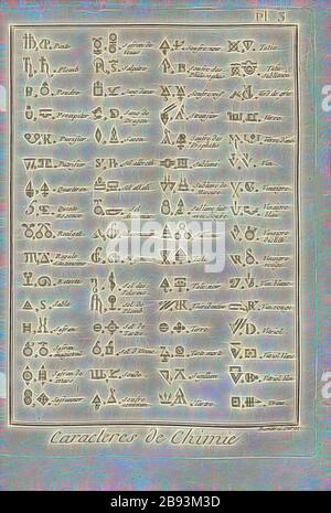 Chimie 3 caratteri, Tabella dei simboli degli elementi, firmato: Benard direx, pl. 3, dopo p. 48, Benard (dir.), 1778, Denis Diderot, M. d'Alembert: Enciclopédie, ou dictionnaire raisonné des sciences, des Arts et des métierss, des Arts et des métiers. Genève: chez Pellet, MDCCLXXVIII [1778], Reimagined by Gibon, design di calda allegra luce di luminosità e raggi di luce radianti. Arte classica reinventata con un tocco moderno. La fotografia ispirata al futurismo, abbracciando l'energia dinamica della tecnologia moderna, del movimento, della velocità e rivoluzionando la cultura. Foto Stock