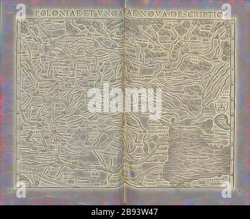 Polonia e Ungheria Mappa, Mappa della Polonia e dell'Ungheria del XVI secolo, Fig. 12, p. 10, 1552, Sebastian Münster: Cosmographiae universalis lib. Vi. In quibus, iuxta certioris fidei scriptorum traditionem desribuntur, Omniu[m] habitabilis orbis partiu[m] situs [...] Omnium gentium mores, leges, religioso, res gestae, mutationes [...]. [Basilea]: [Petri], [1552], Reimagined by Gibon, design di calda e allegra luce incandescente e raggi di luce radianti. Arte classica reinventata con un tocco moderno. Fotografia ispirata al futurismo, che abbraccia l'energia dinamica della tecnologia moderna, del movimento, della velocità e della r Foto Stock