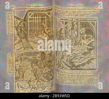 Minatori, illustrazioni dell'industria mineraria del 16 ° secolo, Fig. 71, p. 436 & 437, 1552, Sebastian Münster: Cosmographiae universalis lib. Vi. In quibus, iuxta certioris fidei scriptorum traditionem desribuntur, Omniu[m] habitabilis orbis partiu[m] situs [...] Omnium gentium mores, leges, religioso, res gestae, mutationes [...]. [Basilea]: [Petri], [1552], Reimagined by Gibon, design di calda e allegra luce incandescente e raggi di luce radianti. Arte classica reinventata con un tocco moderno. Fotografia ispirata al futurismo, che abbraccia l'energia dinamica della tecnologia moderna, del movimento, della velocità e. Foto Stock