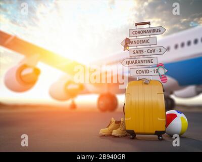 Crisi di coronavirus nel concetto di industria di turismo e di viaggi. Aereo, valigia e frecce con indicazioni di viaggio chiuse a causa di pandemia. illustrazione 3d Foto Stock