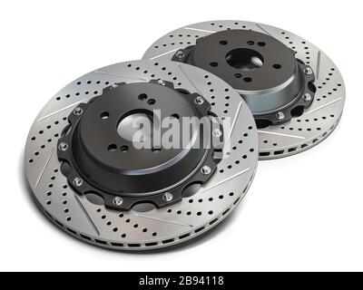Dischi dei freni isolati su sfondo bianco. illustrazione 3d Foto Stock