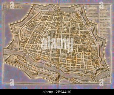 Ferraria, Mappa di Ferrara (Italia), Fig. 44, p. 200, 1640, Martin Zeiller: Itinerarium Italiae nov-antiquae oder Raiss-Beschreibung durch Italien: Darinn nicht allein viel underschiedliche Weg durch das Welschland selbsten [...]. Francoforte sul Mayn: A Verlegung Matthaei Merians, M.DC.XL. [1640], Reimagined by Gibon, disegno di calore allegro di luminosità e raggi di luce radianza. Arte classica reinventata con un tocco moderno. La fotografia ispirata al futurismo, che abbraccia l'energia dinamica della tecnologia moderna, del movimento, della velocità e rivoluziona la cultura. Foto Stock