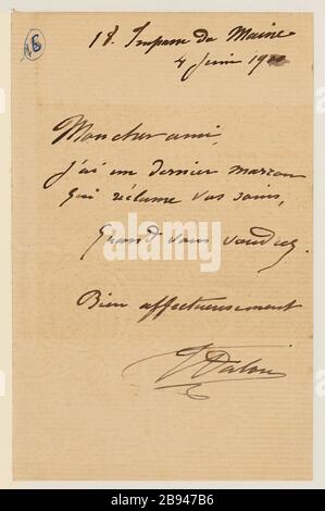 Lettera autografa firmata dallo scultore Aimé-Jules Dalou suo molder Amedee Bertault, 4 giugno 1900 (titolo fittizio) Dalou, Aimé-Jules (1838-12-31 - 1902-04-15), Lettre autographe signée du sculpteur Aimé-Jules Dalou à son mouleur Amédée Bertault, 4 jutice in 1900 (1900-factiter) 06. 04 Encre sur papier. Petit Palais, Musée des Beaux-Arts de la Ville de Paris. Foto Stock