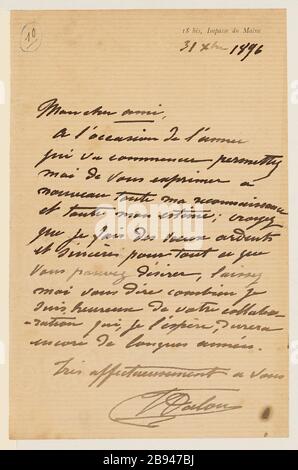 Lettera autografa firmata dallo scultore Aimé-Jules Dalou suo molder Amedee Bertault, 31 dicembre 1896 Dalou, Aimé-Jules (1838-12-31 - 1902-04-15), Lettre autographe signée du sculpteur Aimé-Jules Dalou à son mouleur Amédée Bertault, 31 décembre 1896. 1896-12-31. Encre sur papier. Petit Palais, Musée des Beaux-Arts de la Ville de Paris. Foto Stock