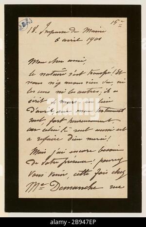Lettera autografa firmata dallo scultore Aimé-Jules Dalou suo molder Amedee Bertault, 6 aprile 1901 (titolo fittizio) Dalou, Aimé-Jules (1838-12-31 - 1902-04-15), Lettre autographe signée du sculpteur Aimé-Jules Dalou à son mouleur Amédée Bertault, 6 avril, 1901-1901-factiter, 04-06. Encre sur papier. Petit Palais, Musée des Beaux-Arts de la Ville de Paris. Foto Stock
