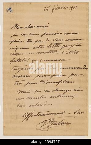 Lettera autografa firmata dallo scultore Aimé-Jules Dalou suo molder Amedee Bertault, 28 febbraio 1901 (Indietro) (titolo fittizio) Dalou, Aimé-Jules (1838-12-31 - 1902-04-15), Lettre autographe signée du sculpteur Aimé-Jules Dalou à son mouleur Amédée Bertault, 28-factiter (1901-1901) (02-28). Encre sur papier vergé. Petit Palais, Musée des Beaux-Arts de la Ville de Paris. Foto Stock