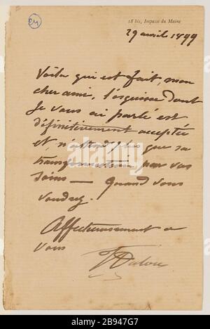 Lettera autografa firmata dallo scultore Aimé-Jules Dalou suo molder Amedee Bertault, 29 aprile 1899 (titolo fittizio) Dalou, Aimé-Jules (1838-12-31 - 1902-04-15), Lettre autographe signée du sculpteur Aimé-Jules Dalou à son mouleur Amédée Bertault, 29 avril, 1899-1899-factiter, 04-29. Encre sur papier. Petit Palais, Musée des Beaux-Arts de la Ville de Paris. Foto Stock